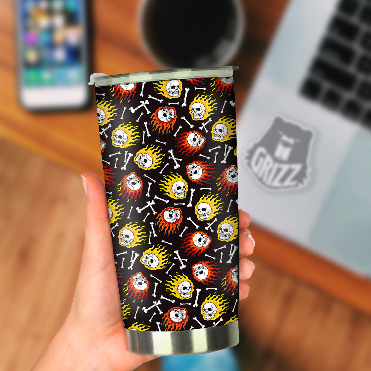 Flaming Skulls And Bone Print Pattern Tumbler-grizzshop