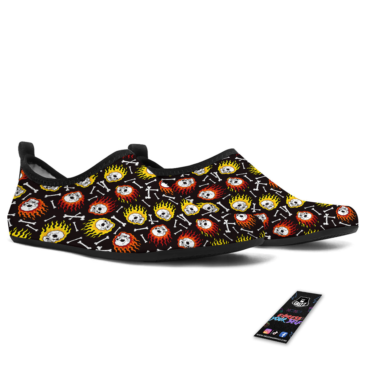 Flaming Skulls And Bone Print Pattern Water Shoes-grizzshop
