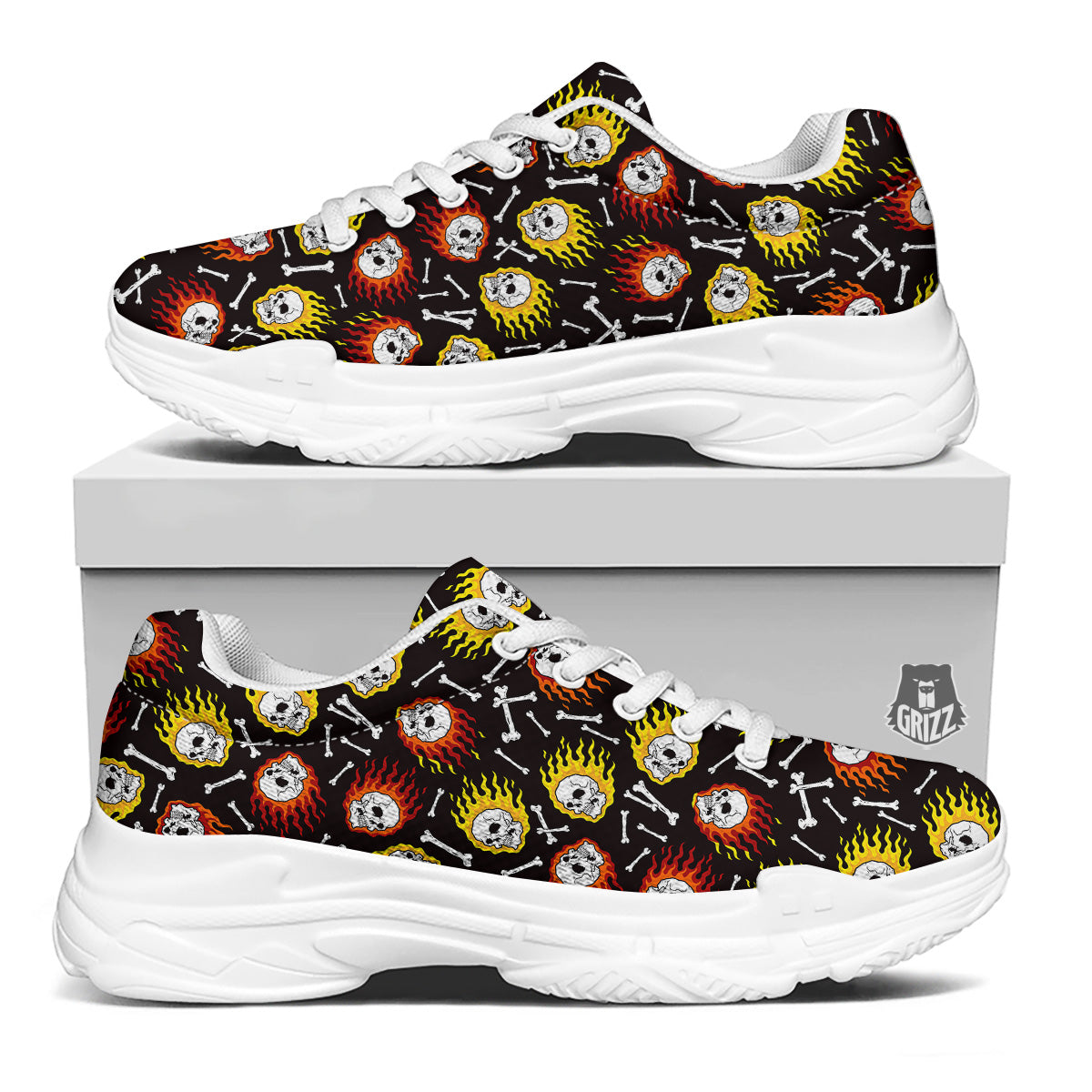 Flaming Skulls And Bone Print Pattern White Chunky Shoes-grizzshop