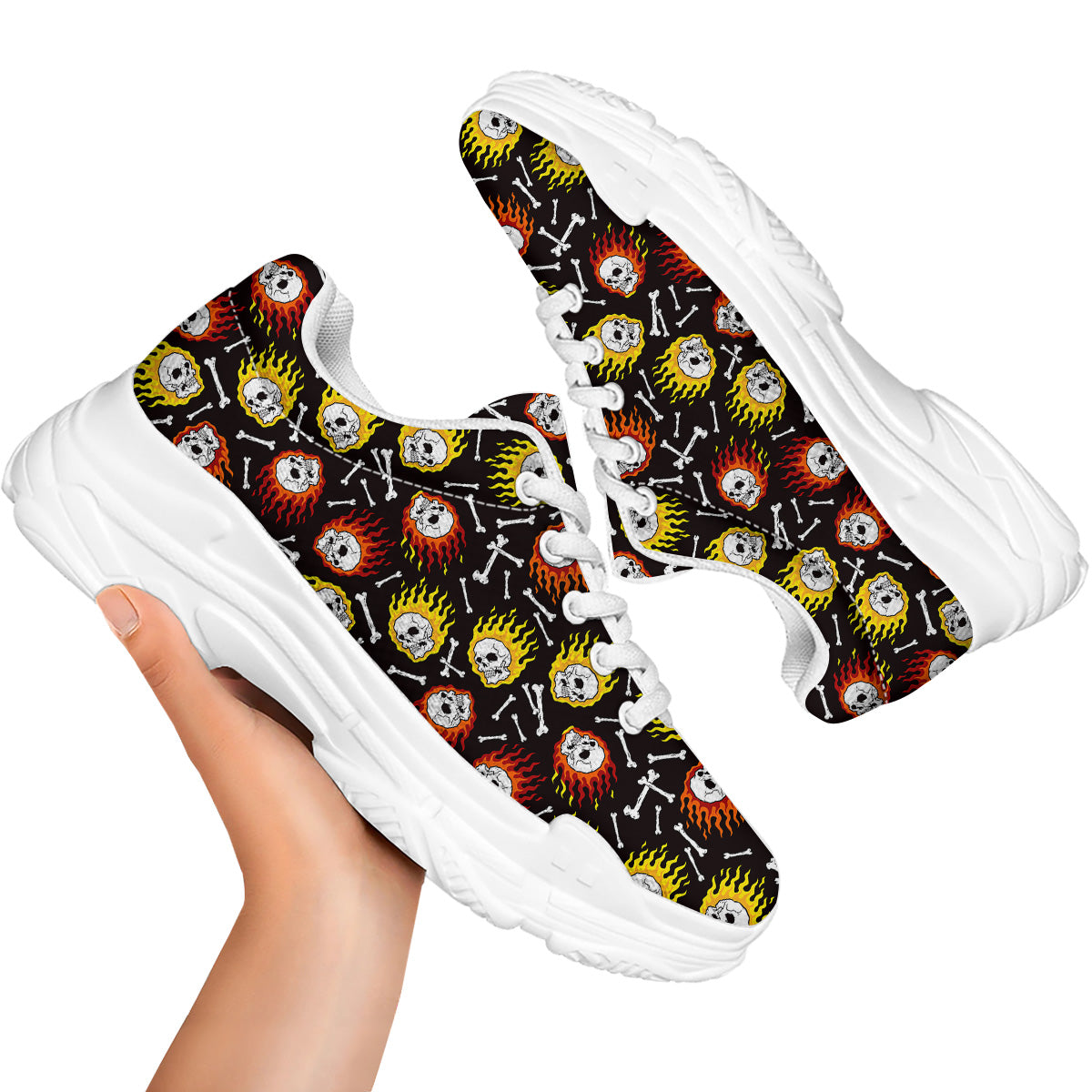 Flaming Skulls And Bone Print Pattern White Chunky Shoes-grizzshop