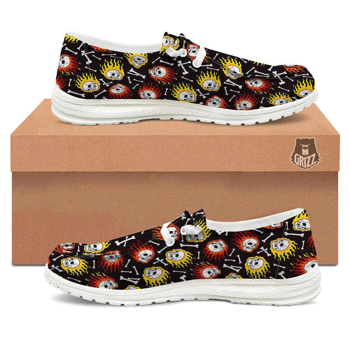 Flaming Skulls And Bone Print Pattern White Loafers-grizzshop