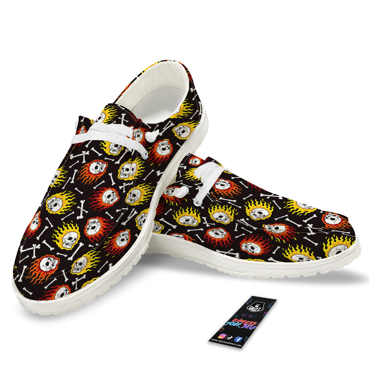 Flaming Skulls And Bone Print Pattern White Loafers-grizzshop