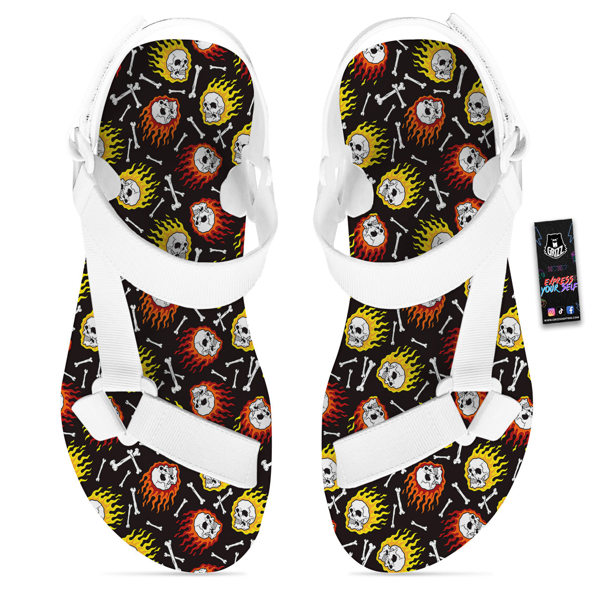 Flaming Skulls And Bone Print Pattern White Open Toe Sandals-grizzshop