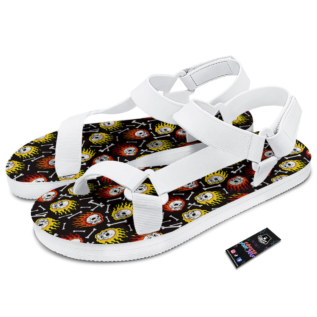 Flaming Skulls And Bone Print Pattern White Open Toe Sandals-grizzshop