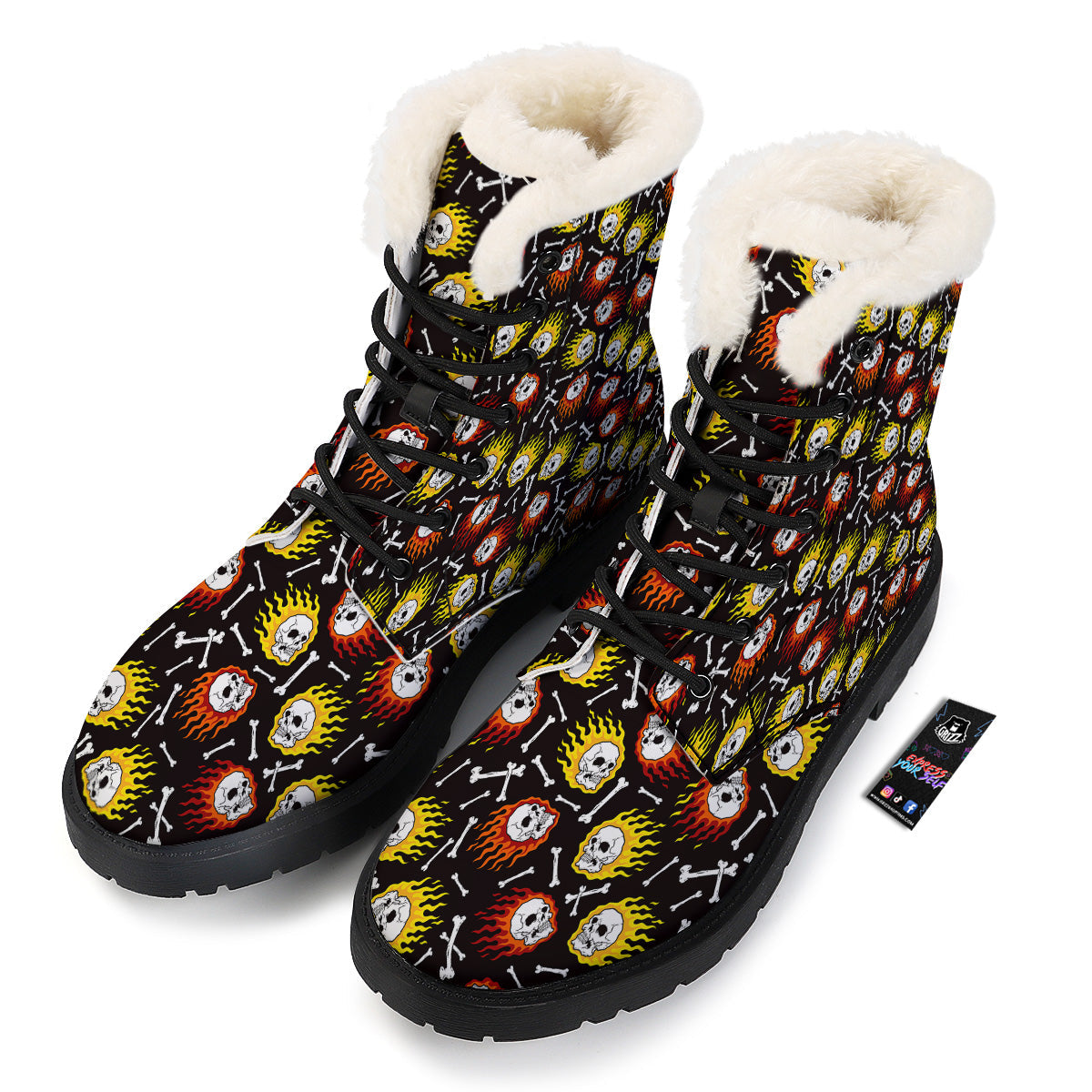 Flaming Skulls And Bone Print Pattern Winter Boots-grizzshop