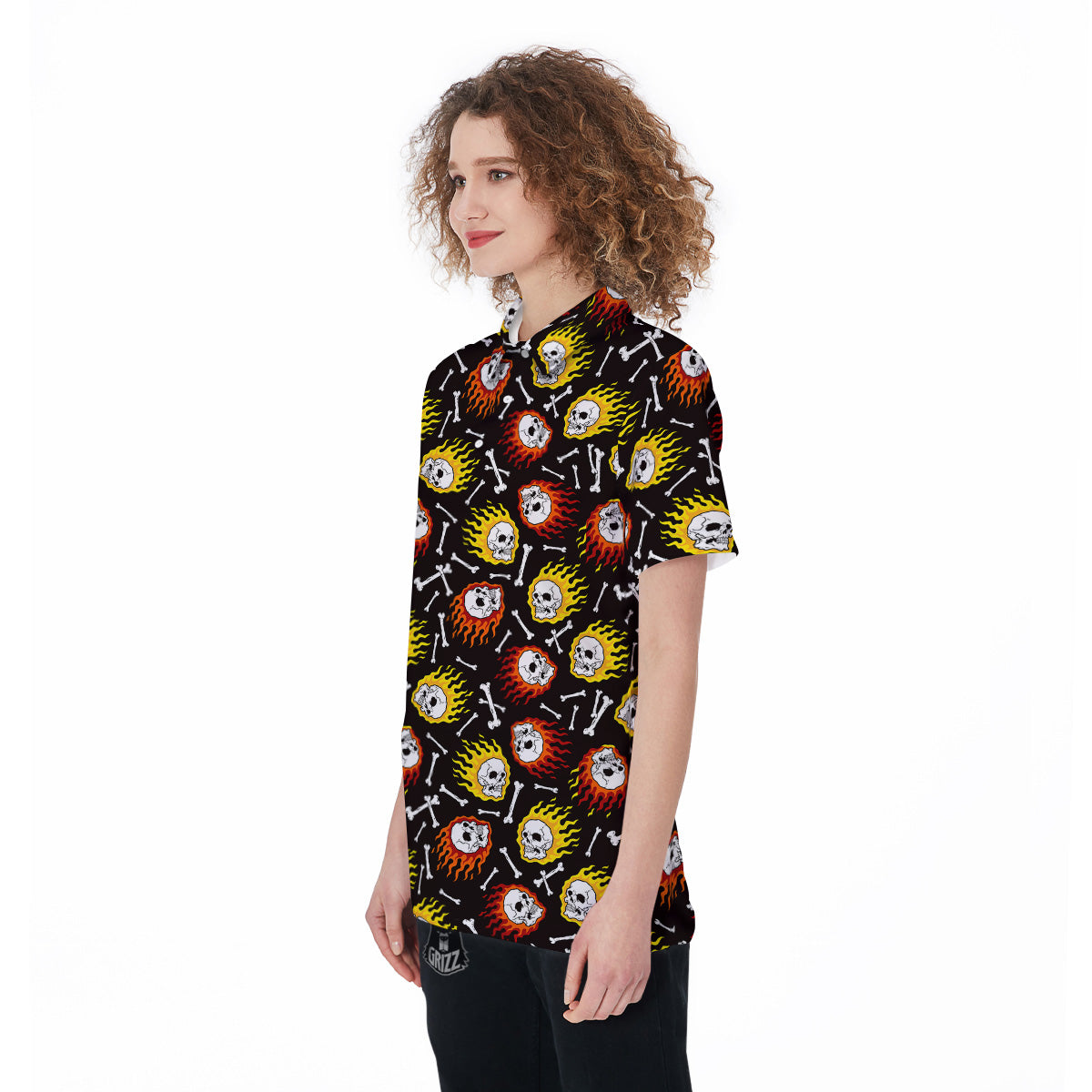 Flaming Skulls And Bone Print Pattern Women's Golf Shirts-grizzshop