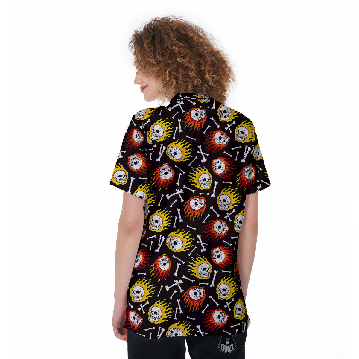 Flaming Skulls And Bone Print Pattern Women's Golf Shirts-grizzshop