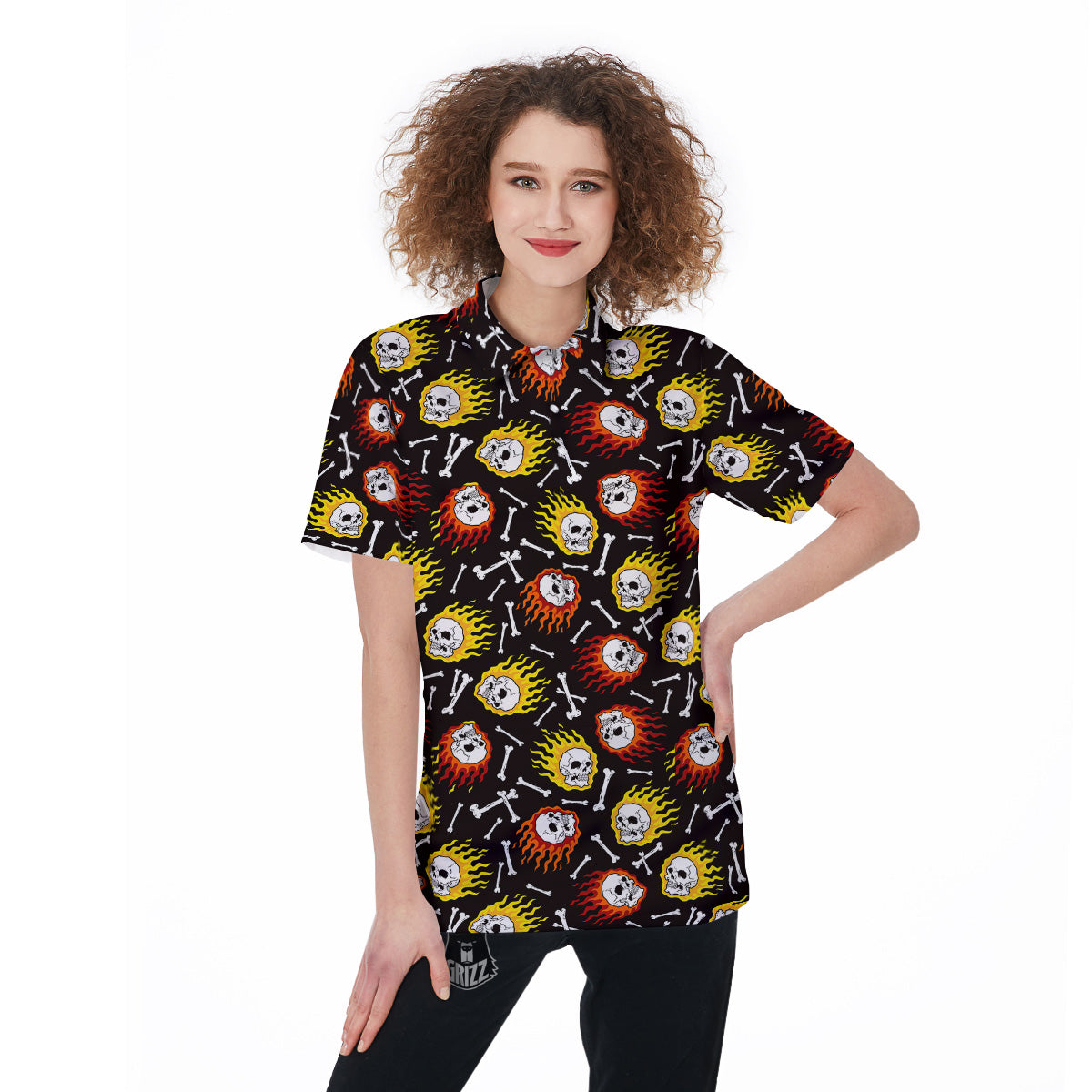 Flaming Skulls And Bone Print Pattern Women's Golf Shirts-grizzshop