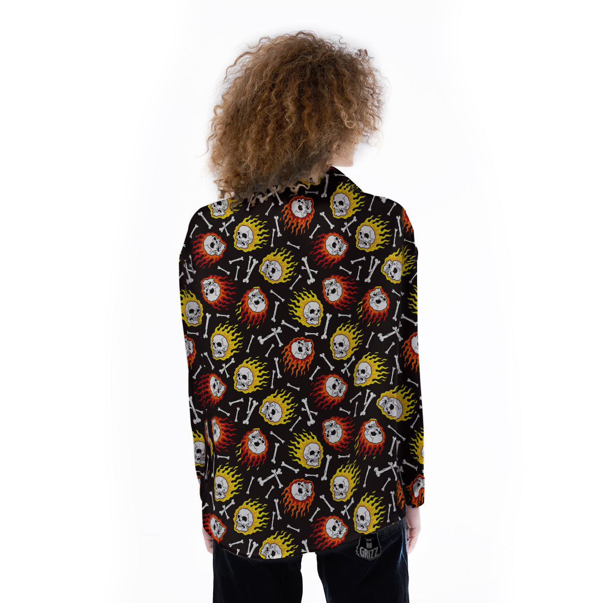 Flaming Skulls And Bone Print Pattern Women's Long Sleeve Shirts-grizzshop