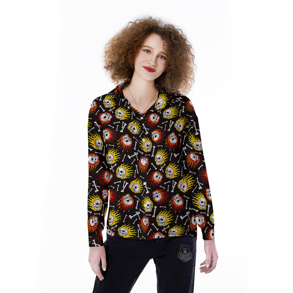 Flaming Skulls And Bone Print Pattern Women's Long Sleeve Shirts-grizzshop