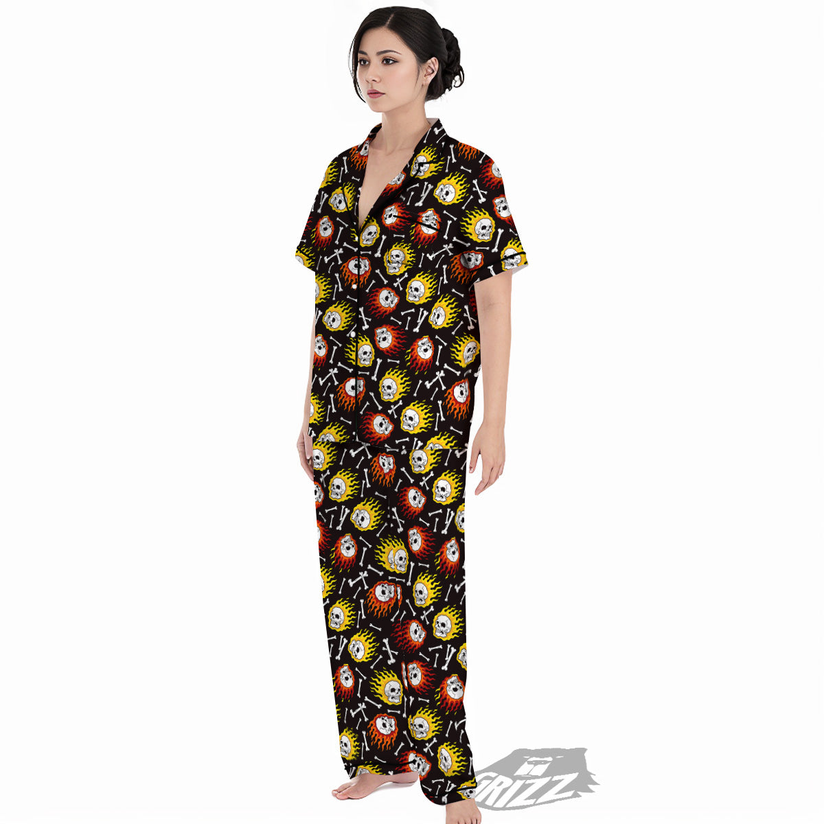 Flaming Skulls And Bone Print Pattern Women's Pajamas Set-grizzshop