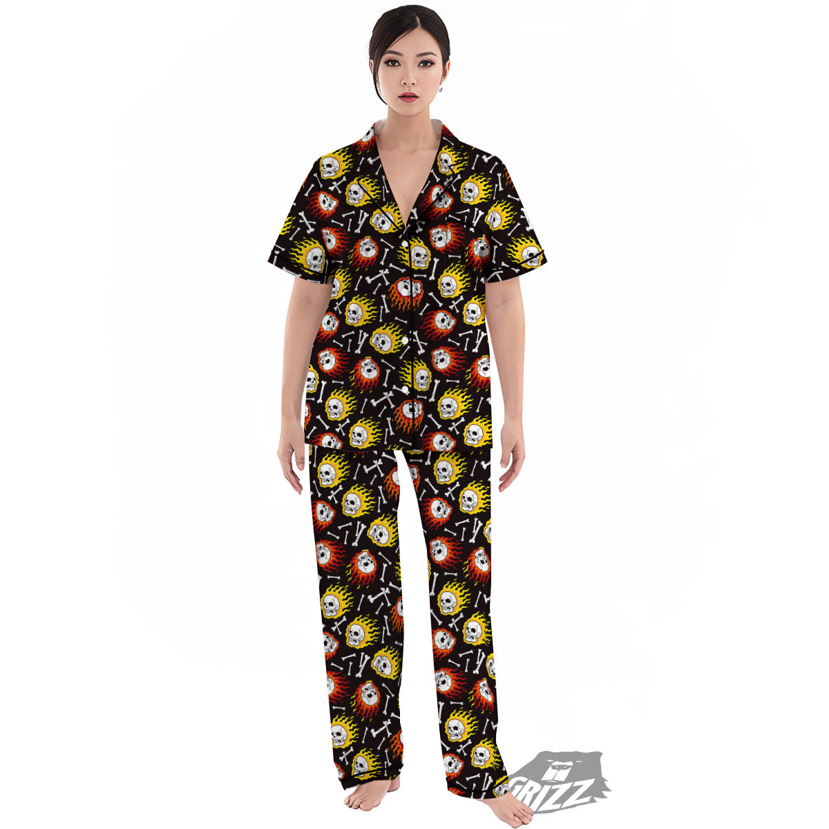 Flaming Skulls And Bone Print Pattern Women's Pajamas Set-grizzshop