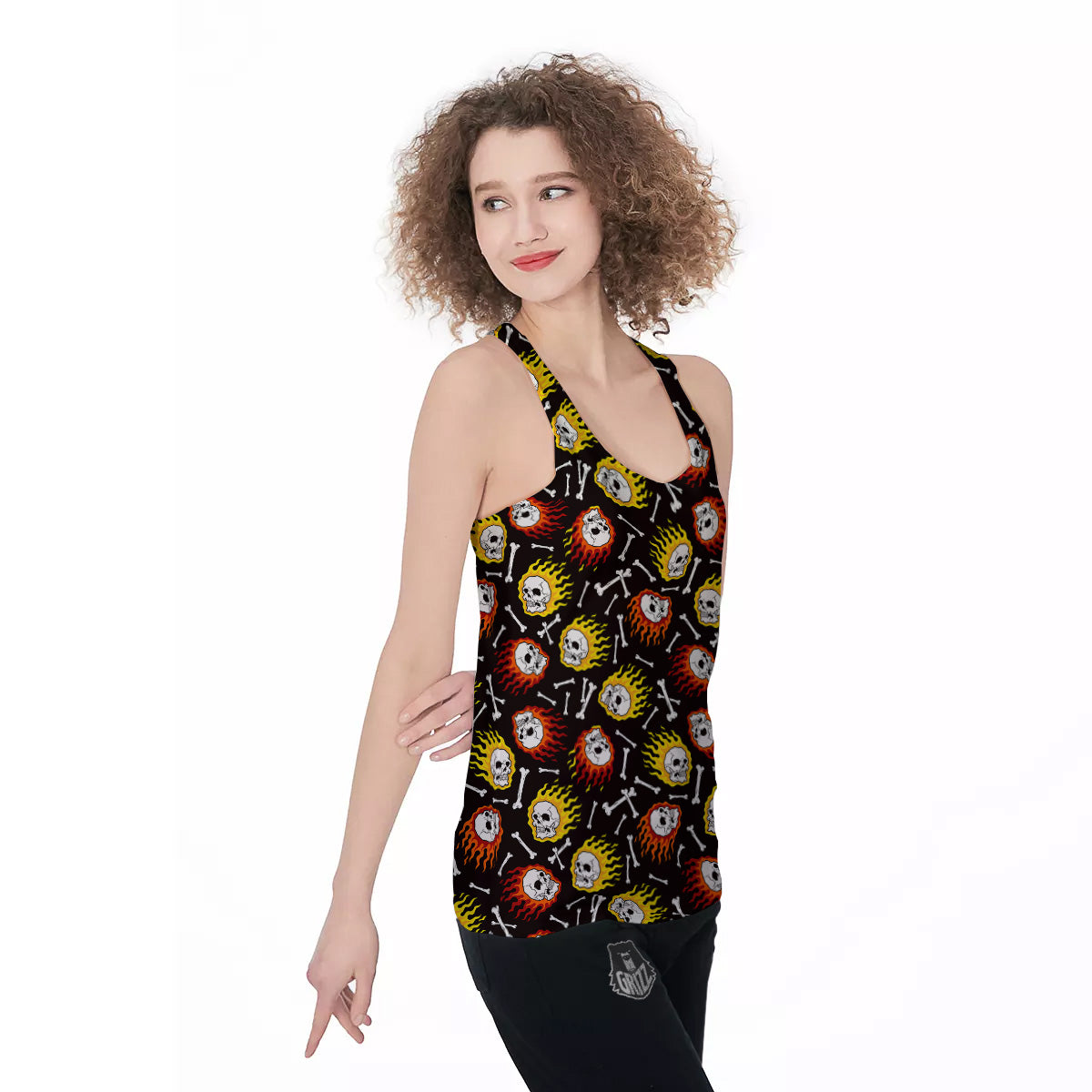 Flaming Skulls And Bone Print Pattern Women's Racerback Tank Top-grizzshop