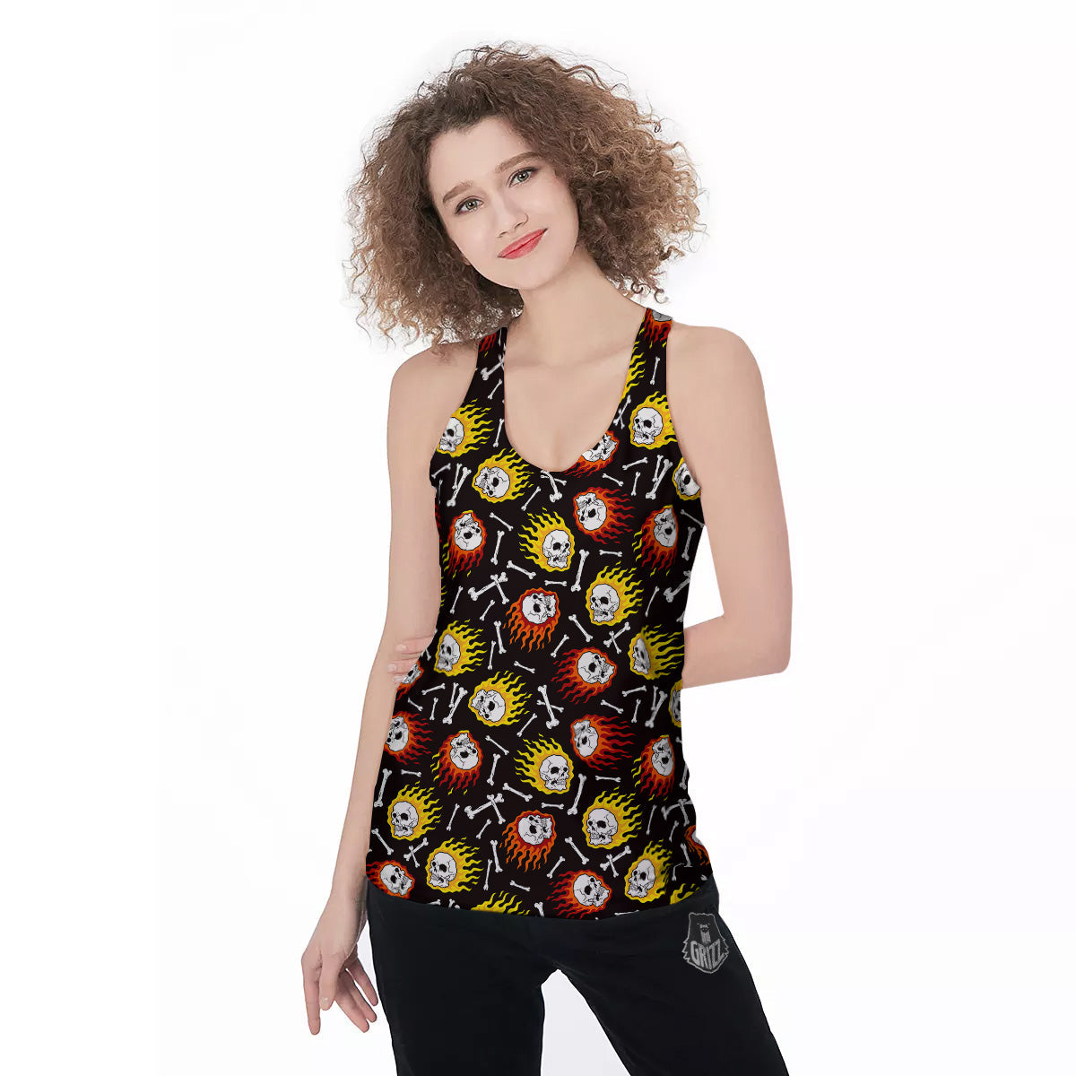 Flaming Skulls And Bone Print Pattern Women's Racerback Tank Top-grizzshop