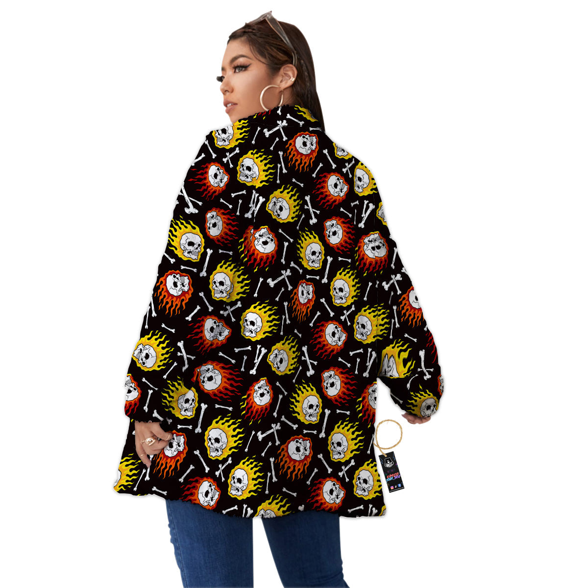 Flaming Skulls And Bone Print Pattern Women's Sherpa Jacket-grizzshop
