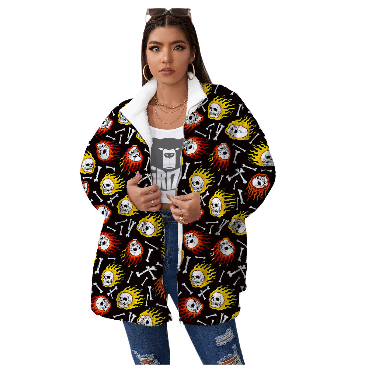 Flaming Skulls And Bone Print Pattern Women's Sherpa Jacket-grizzshop