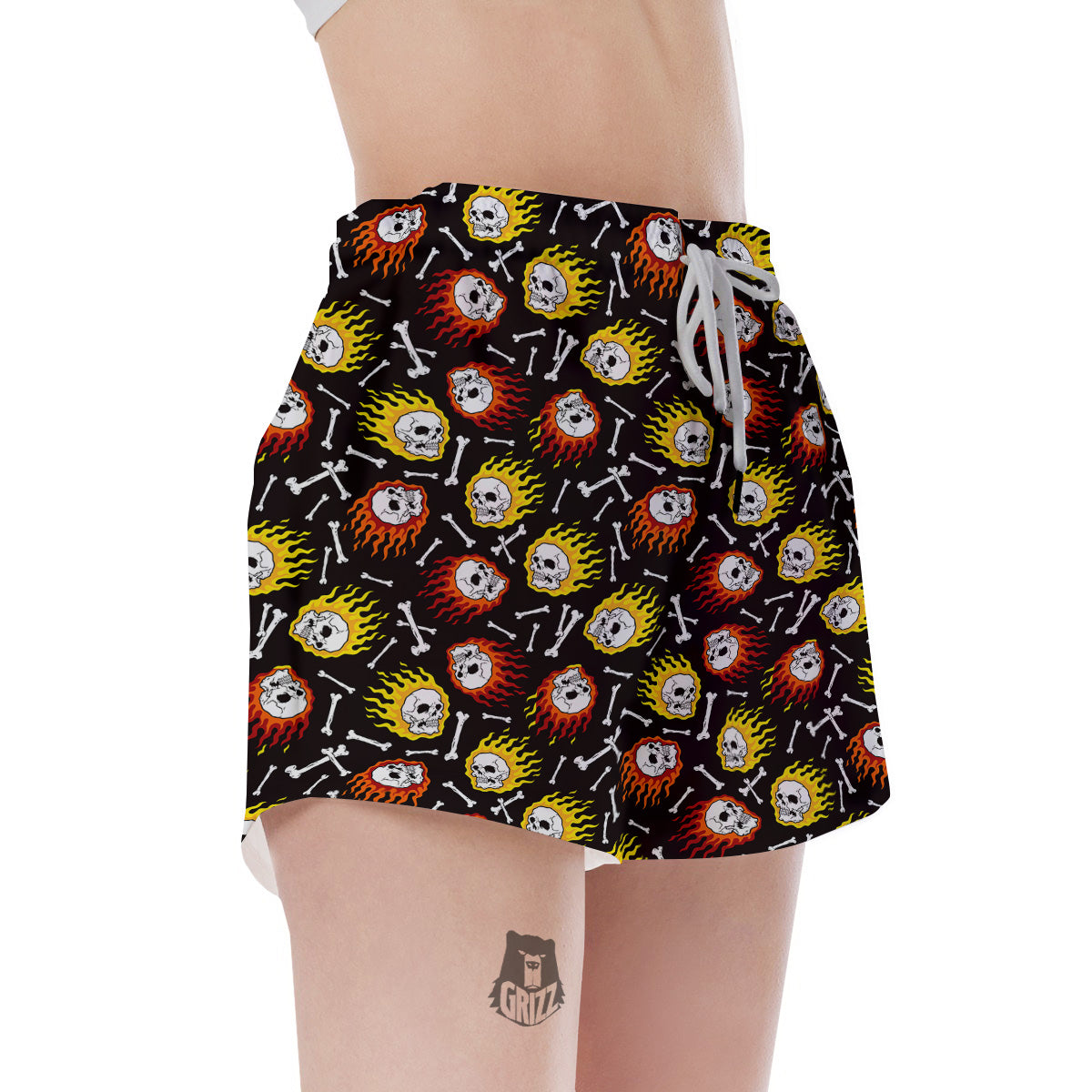 Flaming Skulls And Bone Print Pattern Women's Shorts-grizzshop
