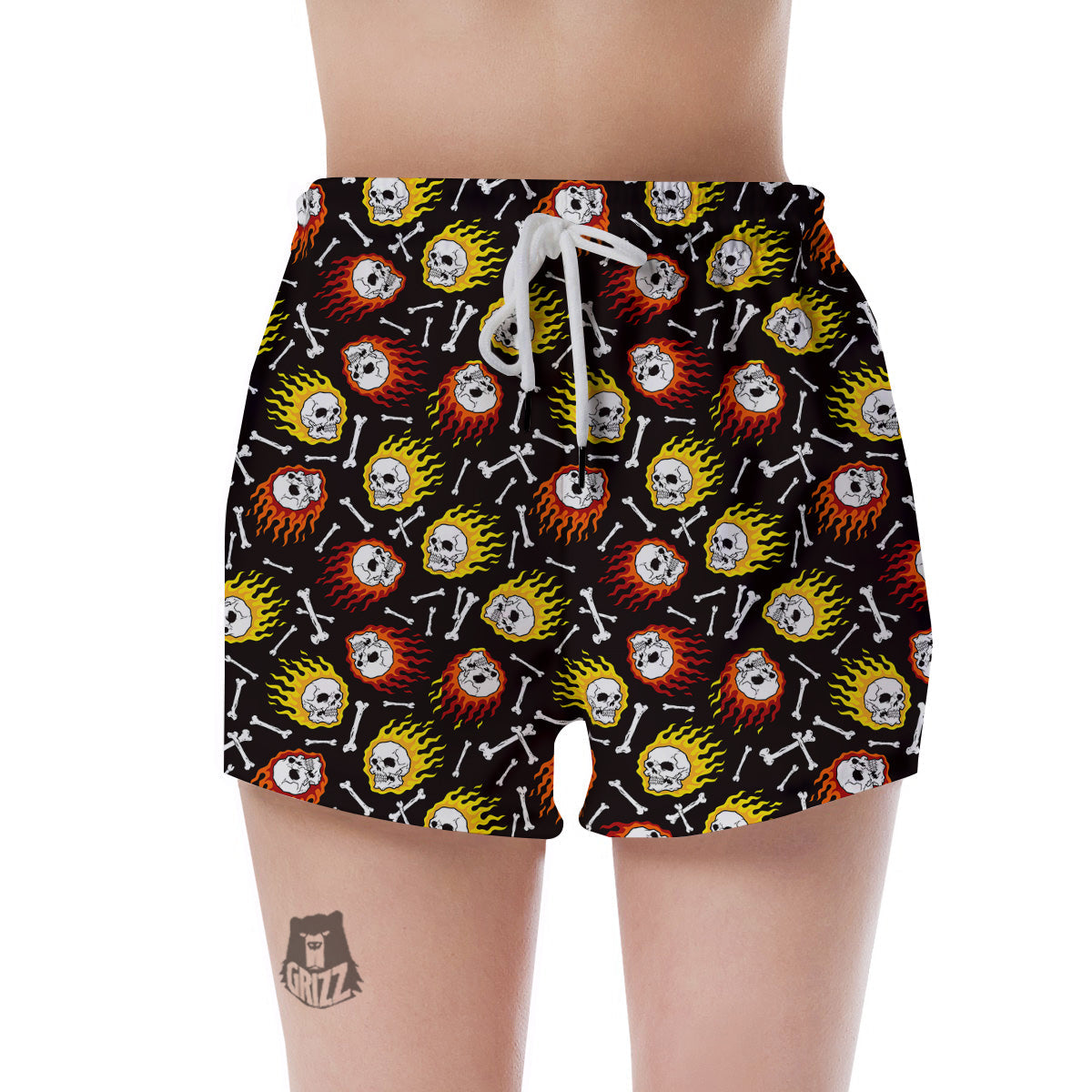 Flaming Skulls And Bone Print Pattern Women's Shorts-grizzshop