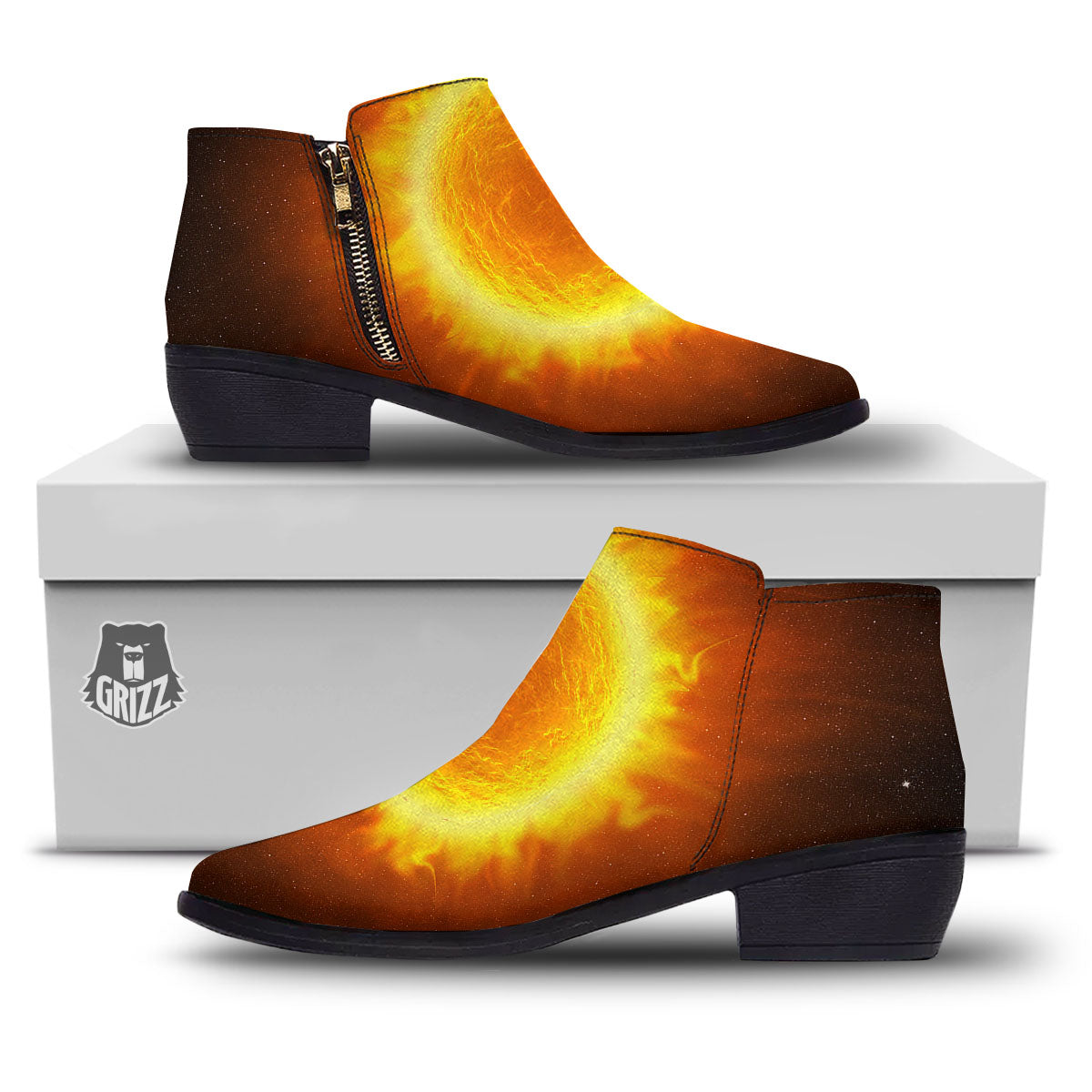 Flaming Sun Print Ankle Boots-grizzshop