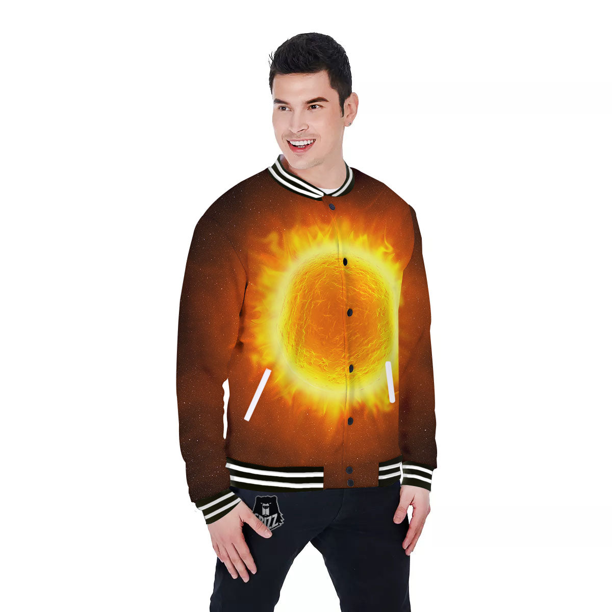 Flaming Sun Print Baseball Jacket-grizzshop