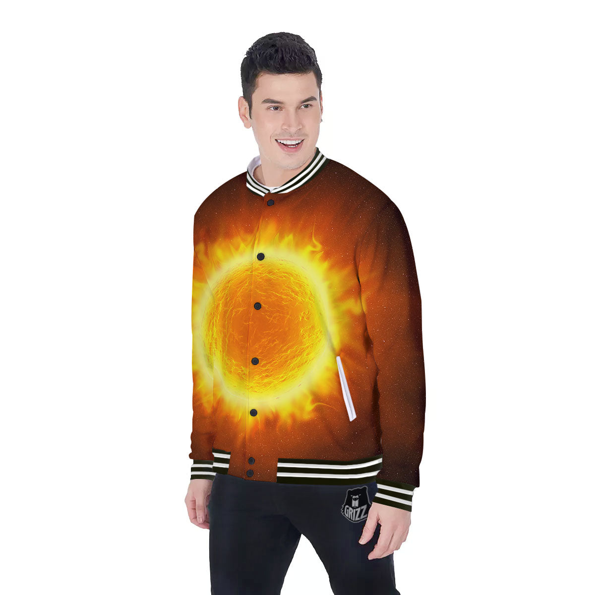 Flaming Sun Print Baseball Jacket-grizzshop