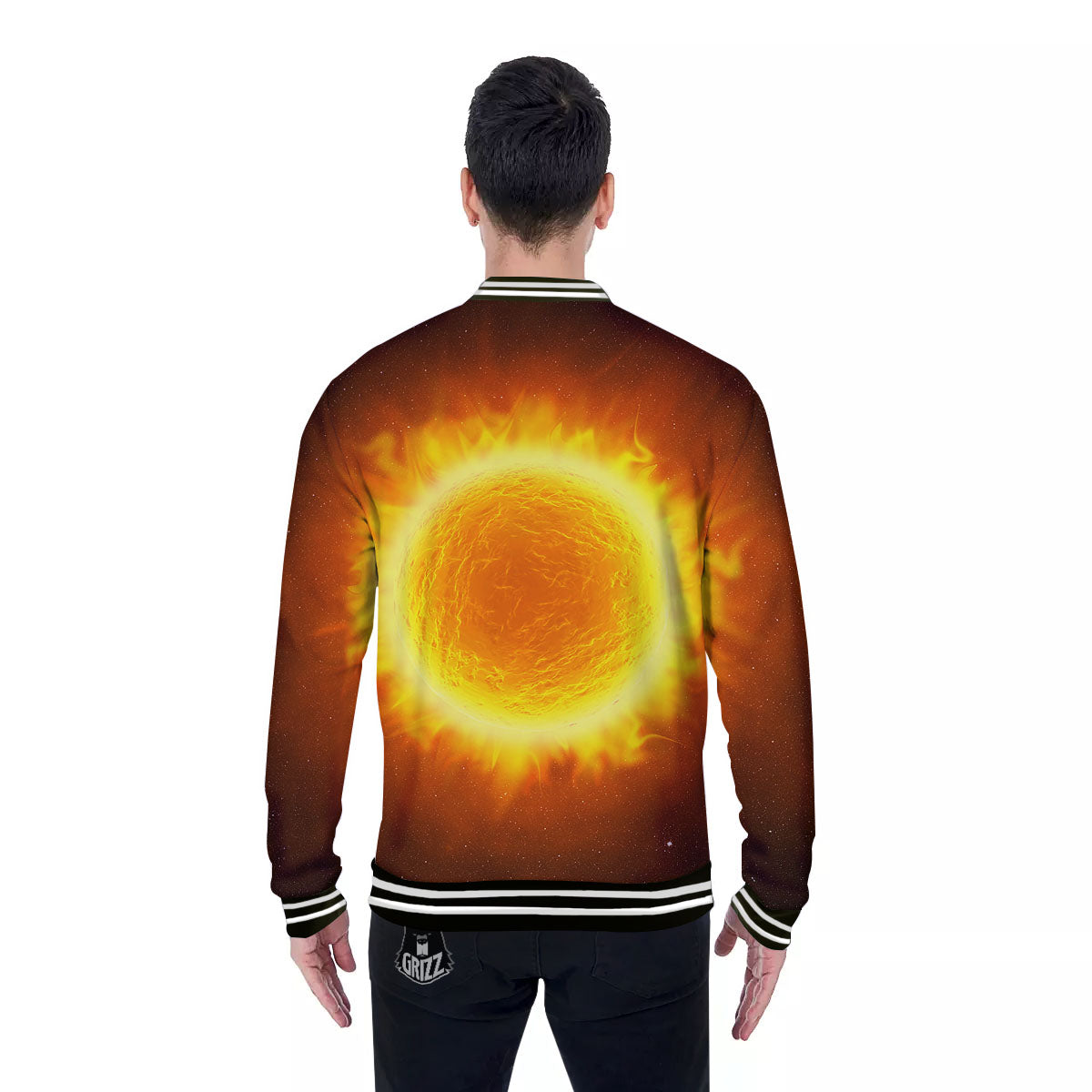 Flaming Sun Print Baseball Jacket-grizzshop