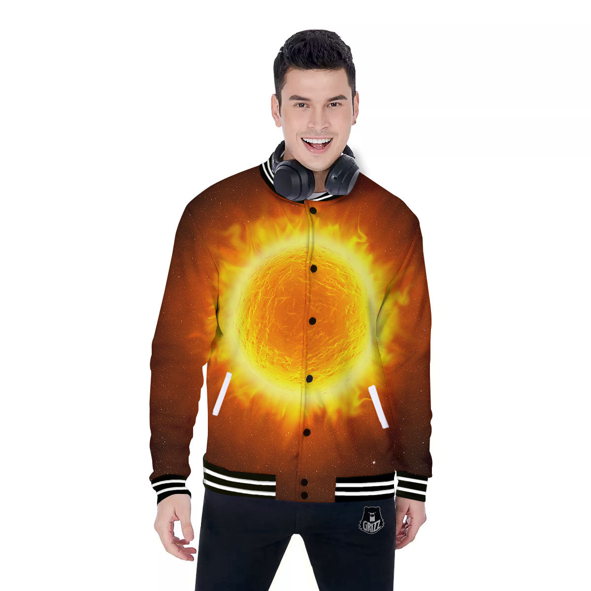 Flaming Sun Print Baseball Jacket-grizzshop