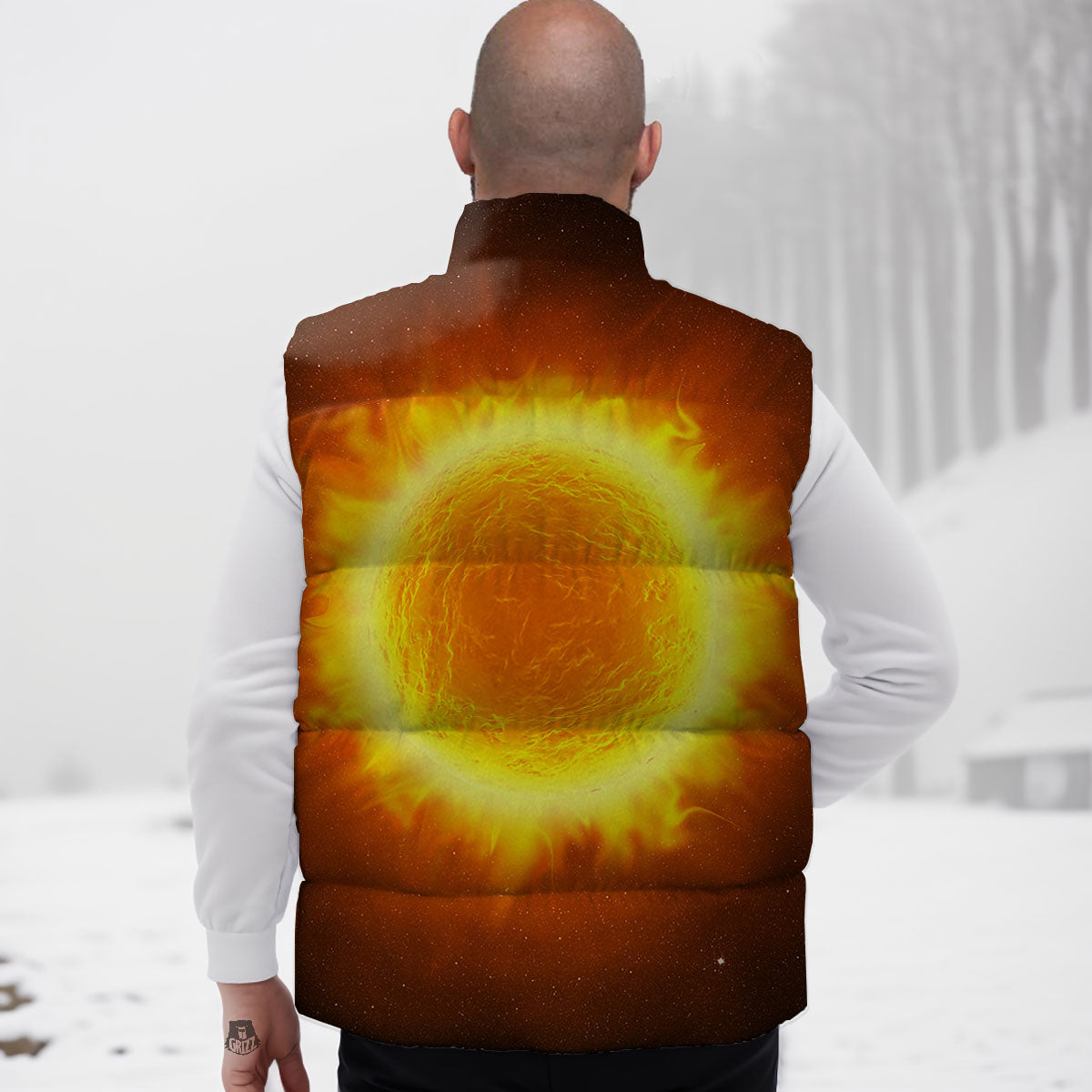 Flaming Sun Print Down Vest-grizzshop