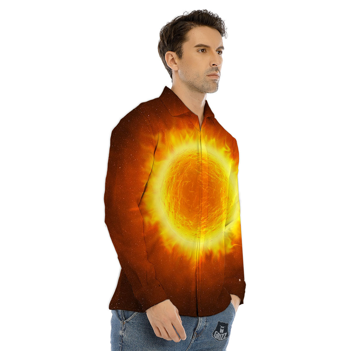 Flaming Sun Print Men's Dress Shirts-grizzshop