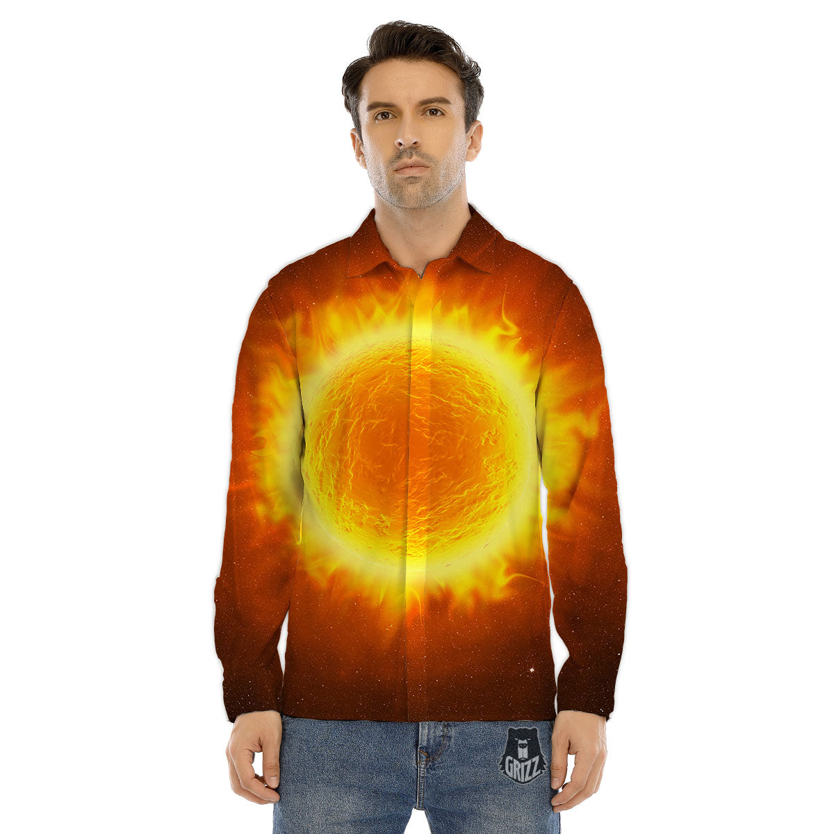 Flaming Sun Print Men's Dress Shirts-grizzshop