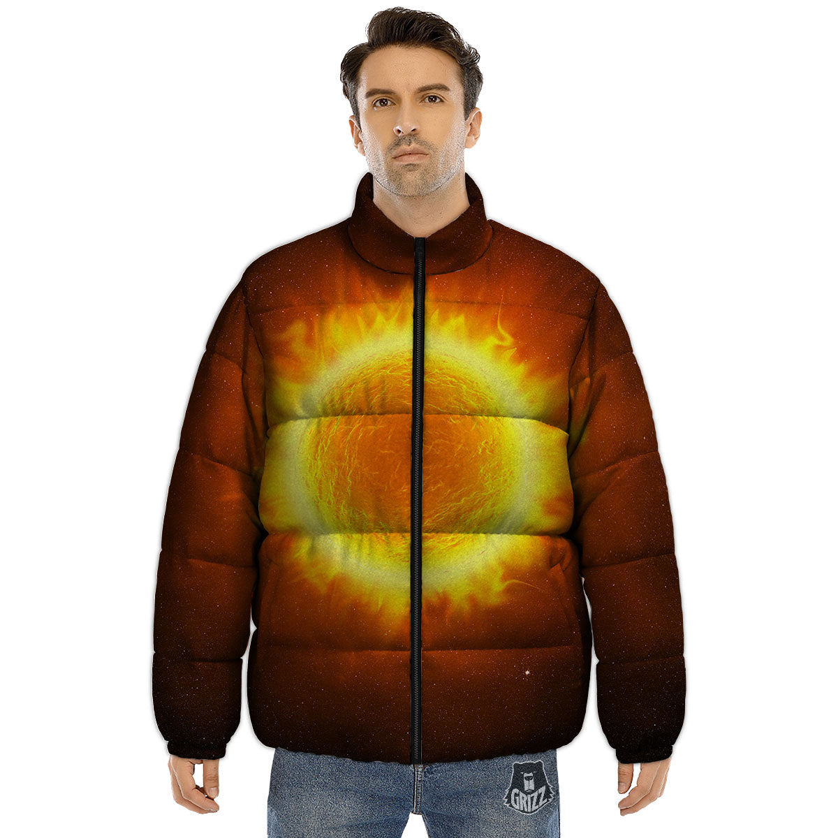 Flaming Sun Print Puffer Jacket-grizzshop