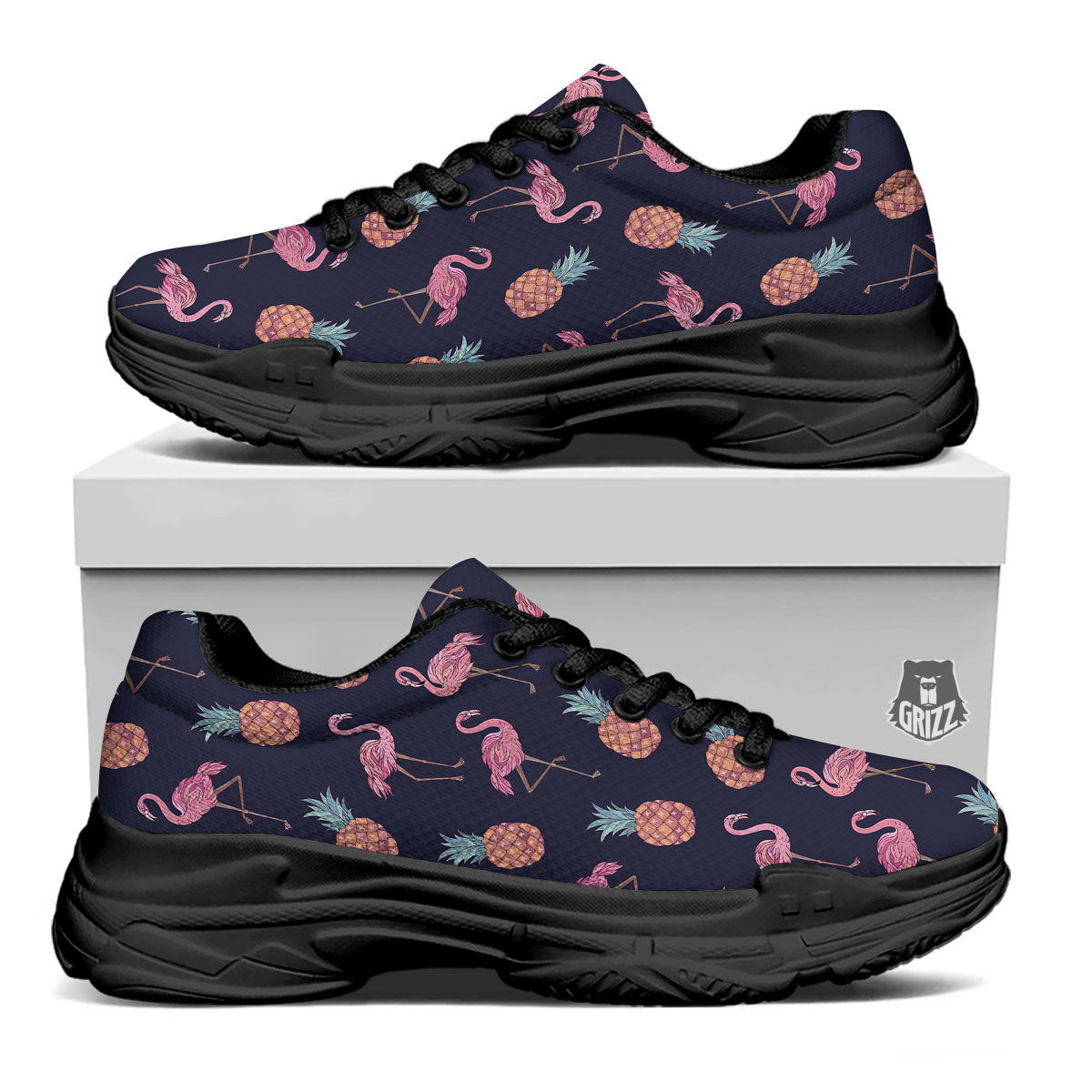 Flamingo And Pineapple Print Pattern Black Chunky Shoes-grizzshop