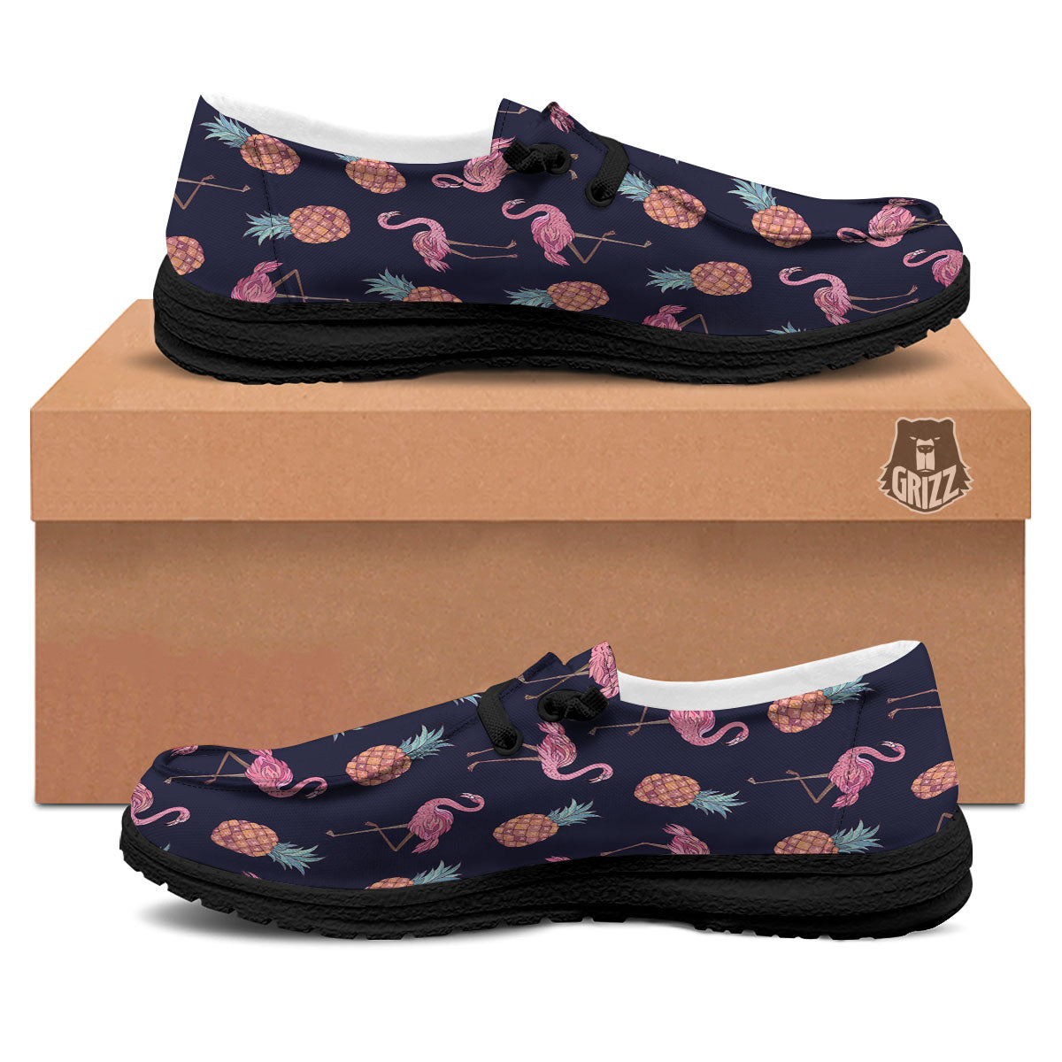 Flamingo And Pineapple Print Pattern Black Loafers-grizzshop