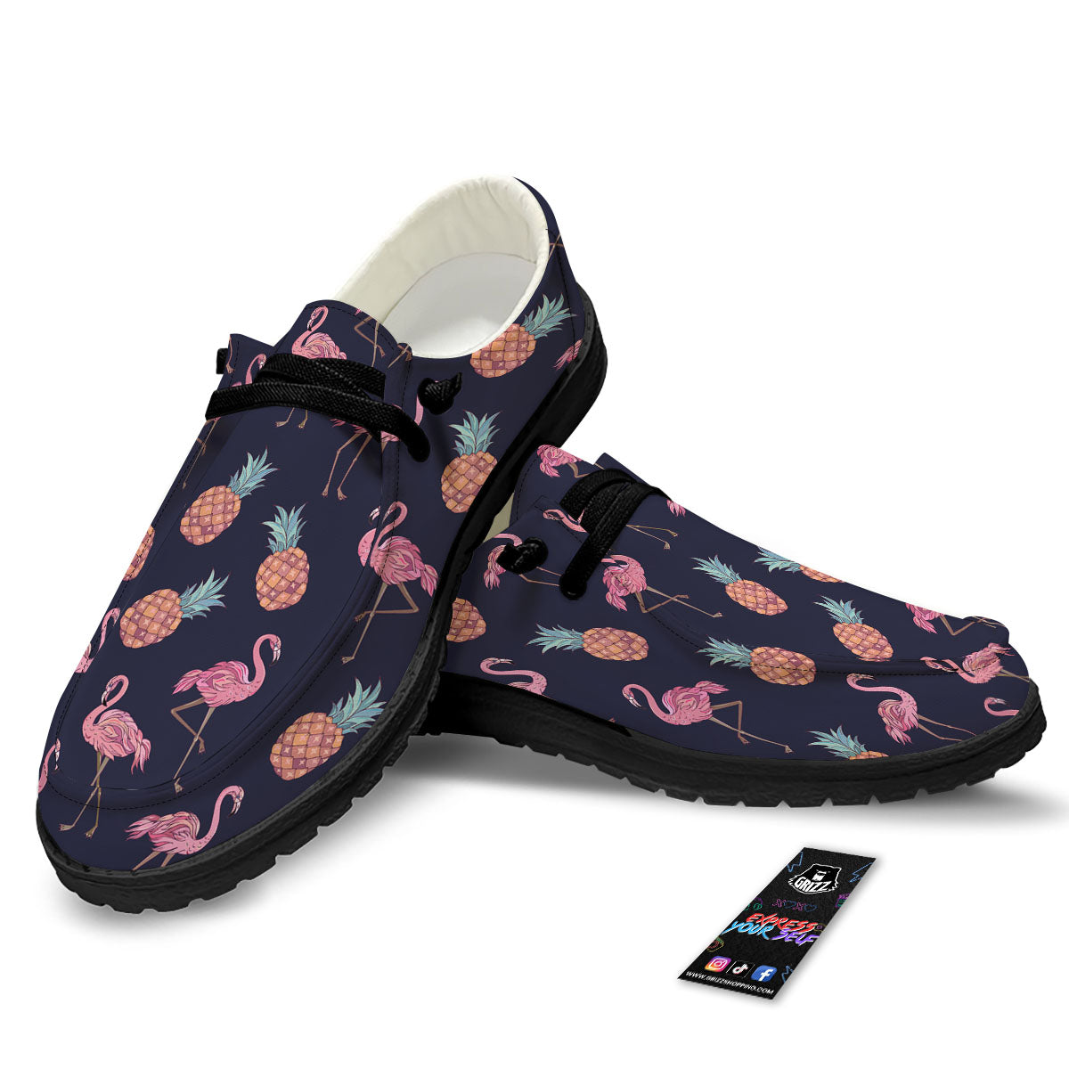Flamingo And Pineapple Print Pattern Black Loafers-grizzshop