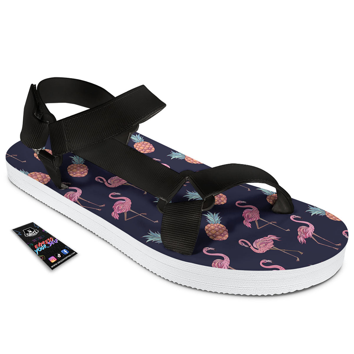 Flamingo And Pineapple Print Pattern Black Open Toe Sandals-grizzshop