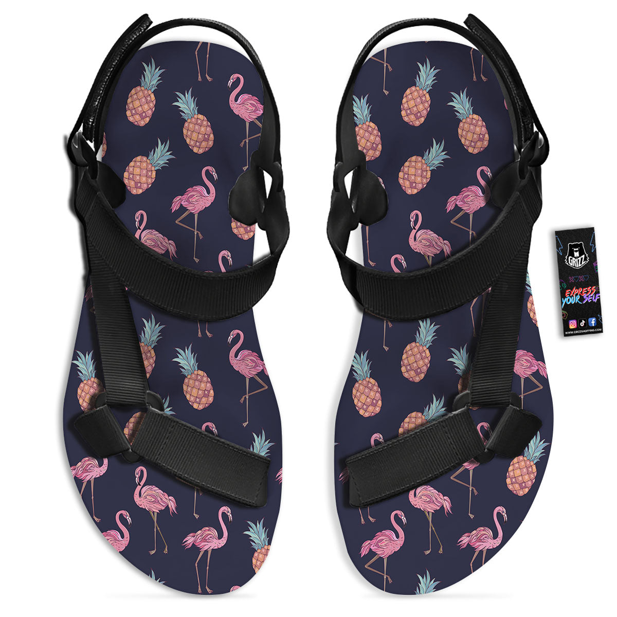 Flamingo And Pineapple Print Pattern Black Open Toe Sandals-grizzshop