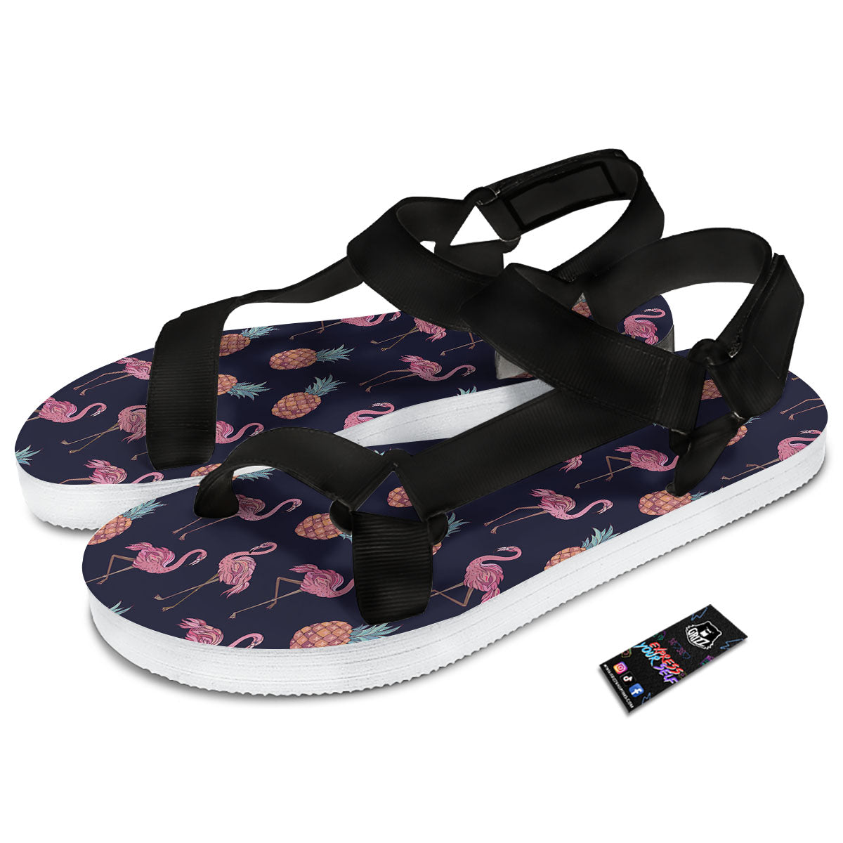 Flamingo And Pineapple Print Pattern Black Open Toe Sandals-grizzshop