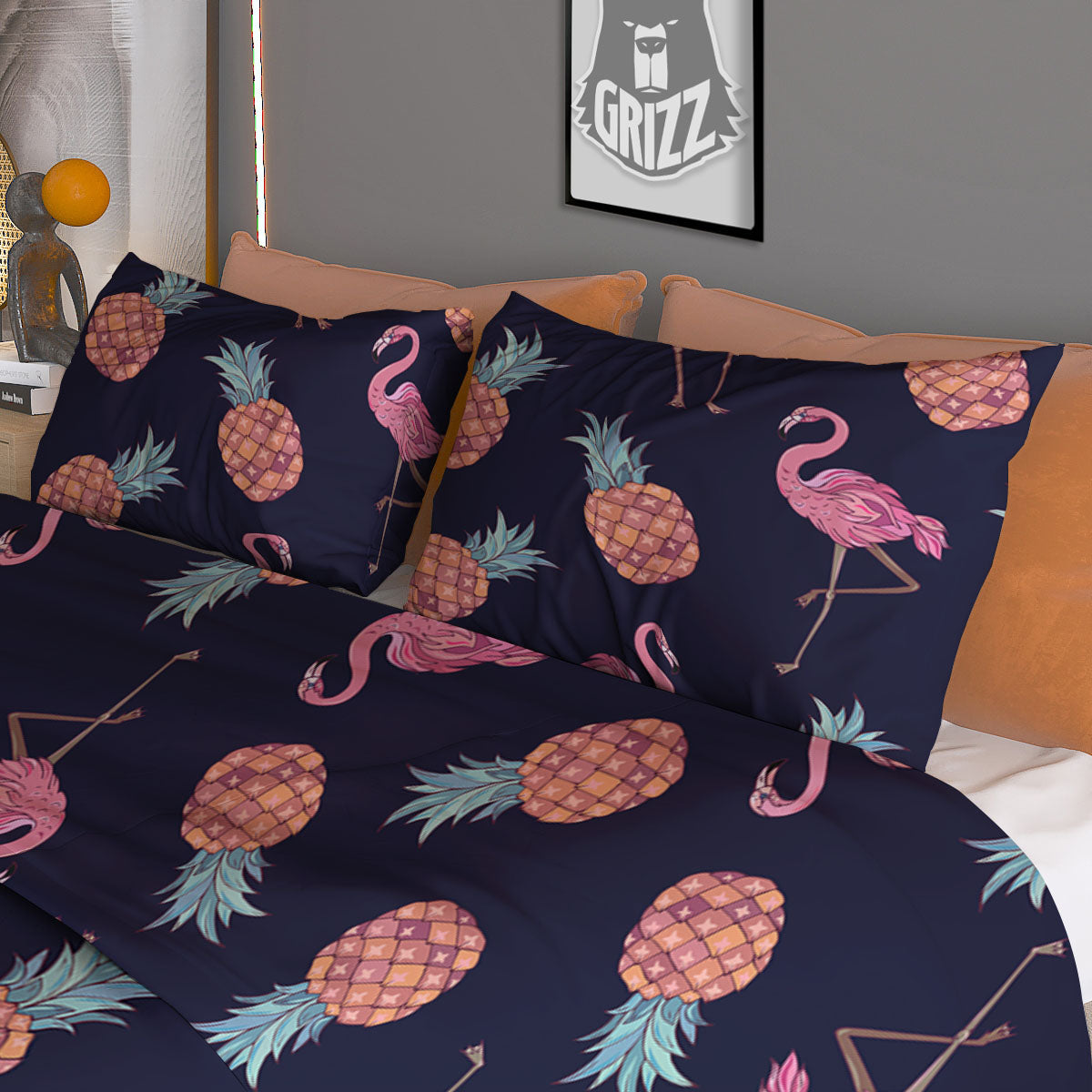 Flamingo And Pineapple Print Pattern Duvet Cover Bedding Set