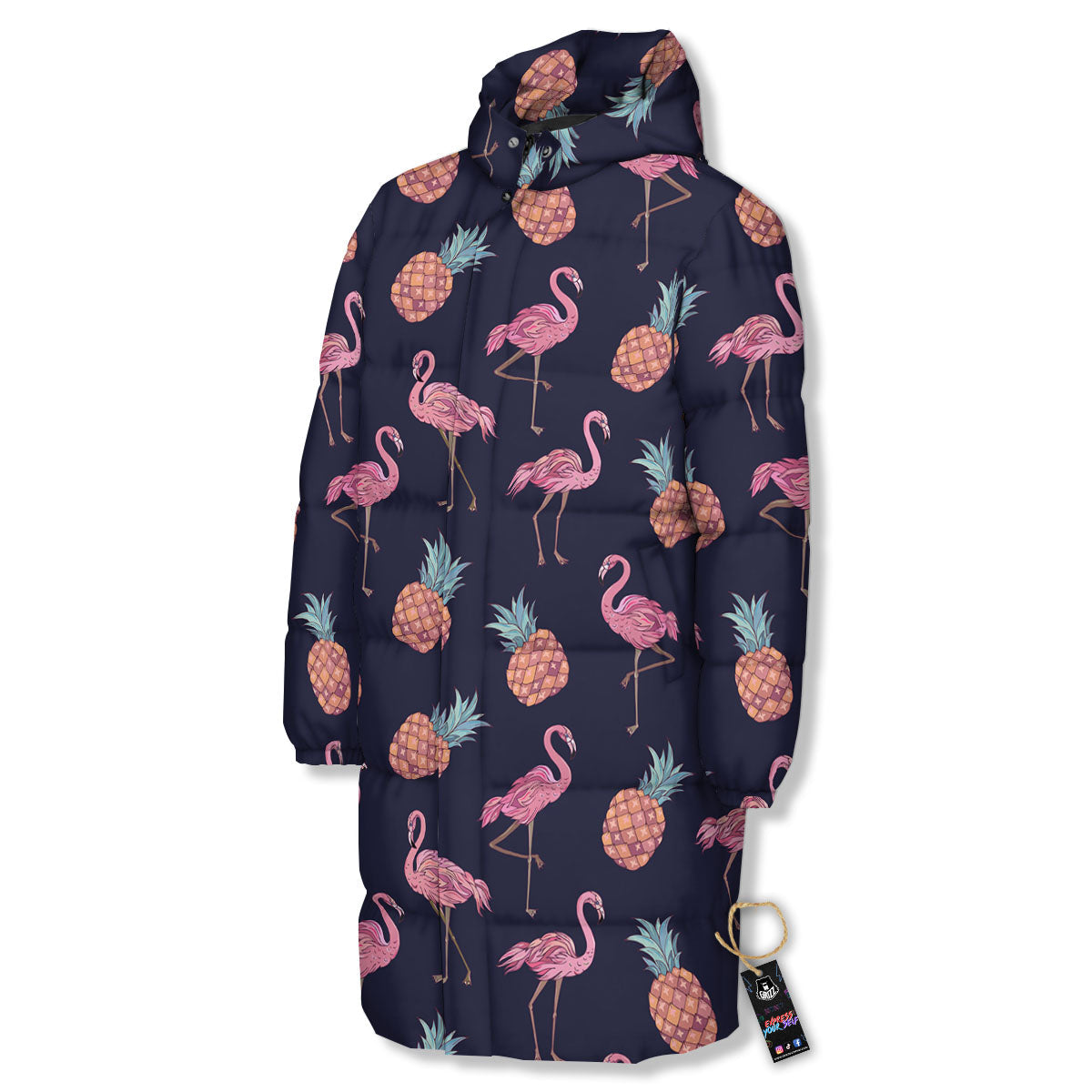 Flamingo And Pineapple Print Pattern Long Down Jacket-grizzshop