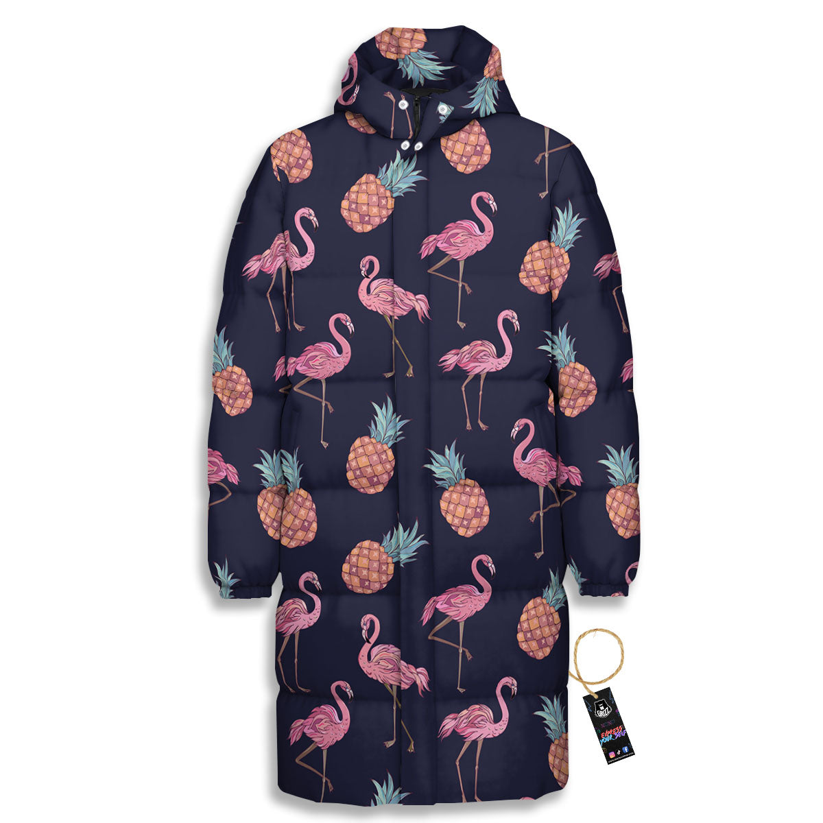 Flamingo And Pineapple Print Pattern Long Down Jacket-grizzshop
