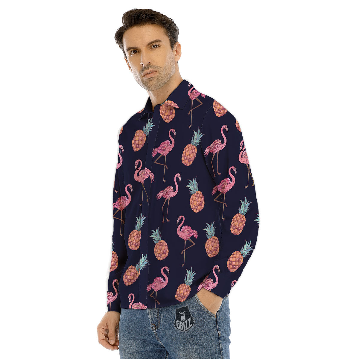 Flamingo And Pineapple Print Pattern Men's Dress Shirts-grizzshop