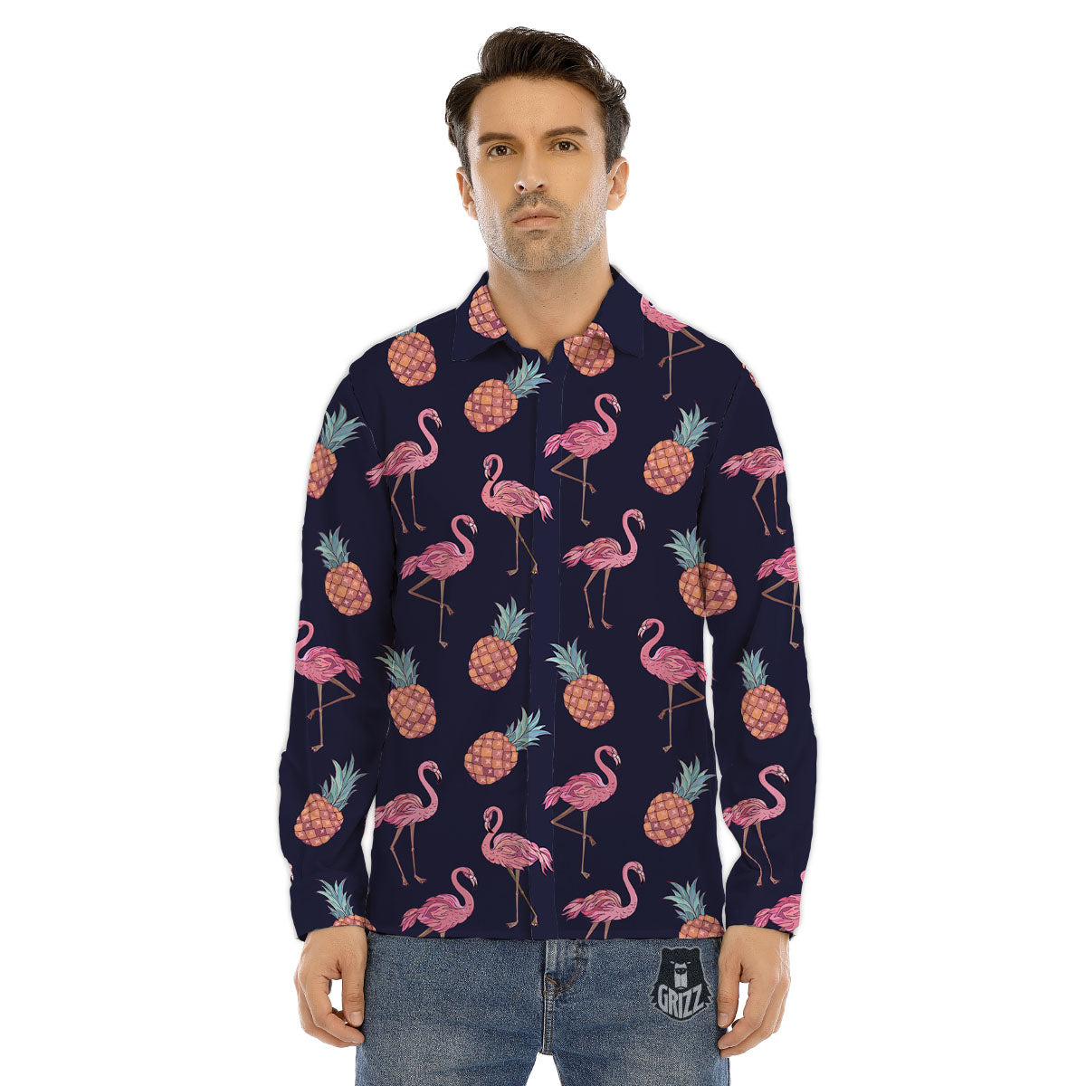 Flamingo And Pineapple Print Pattern Men's Dress Shirts-grizzshop