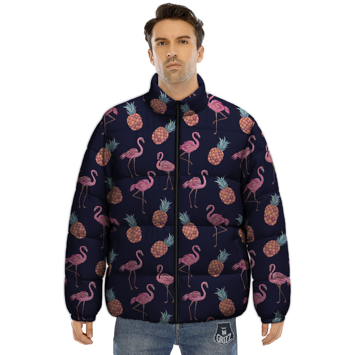 Flamingo And Pineapple Print Pattern Puffer Jacket-grizzshop