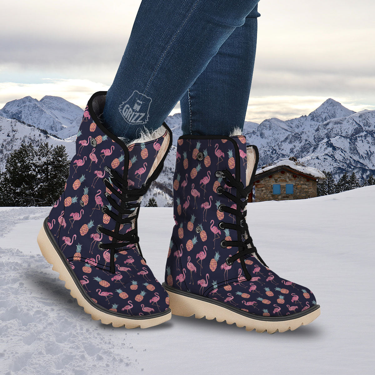 Flamingo And Pineapple Print Pattern Snow Boots-grizzshop