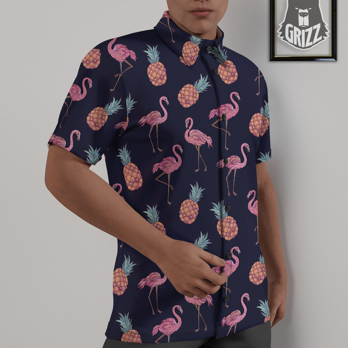 Flamingo And Pineapple Print Pattern Untucked Shirts-grizzshop