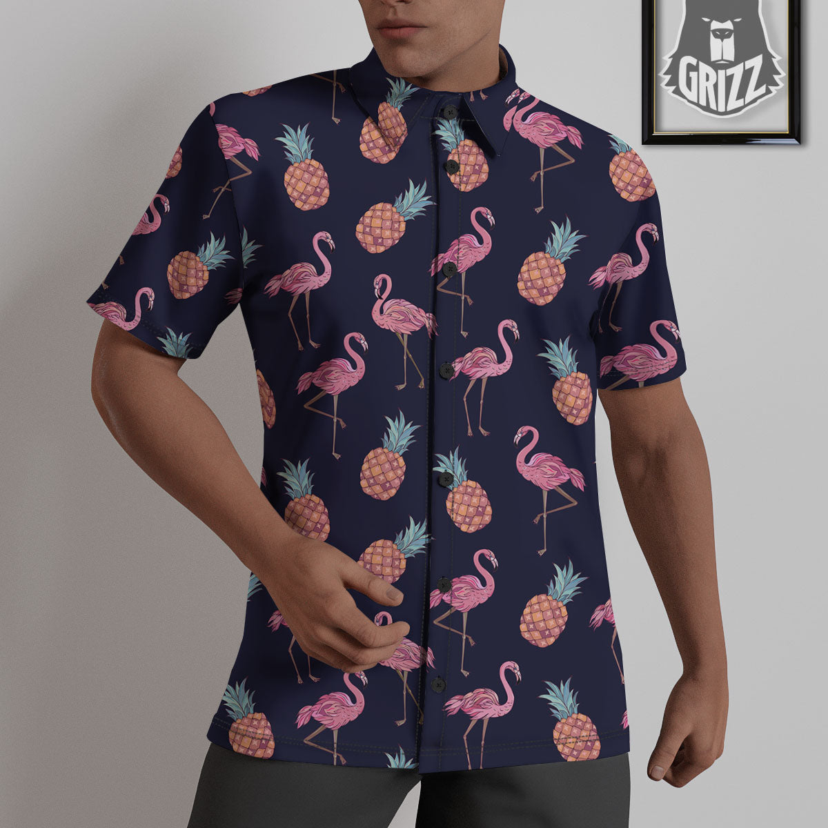 Flamingo And Pineapple Print Pattern Untucked Shirts-grizzshop
