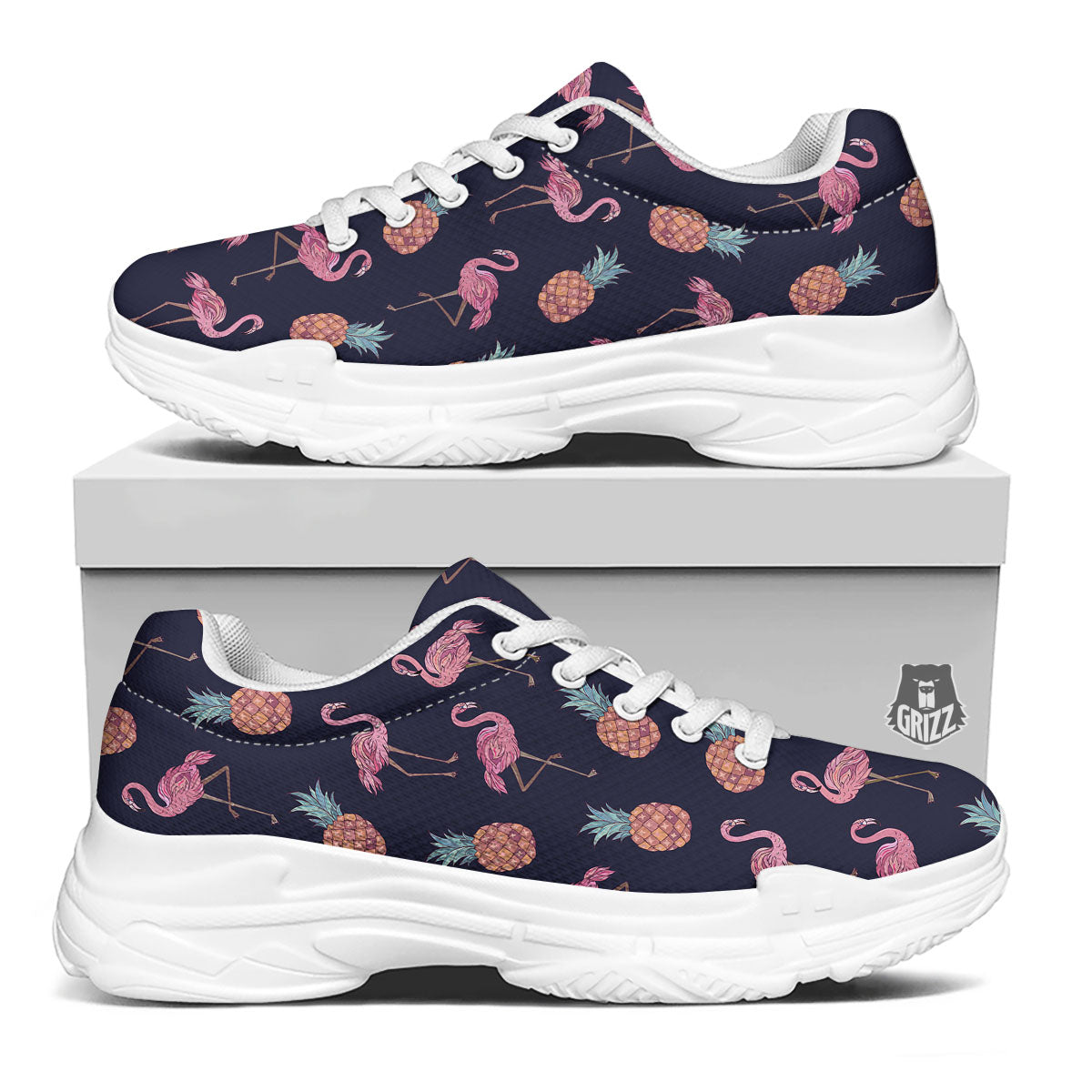 Flamingo And Pineapple Print Pattern White Chunky Shoes-grizzshop