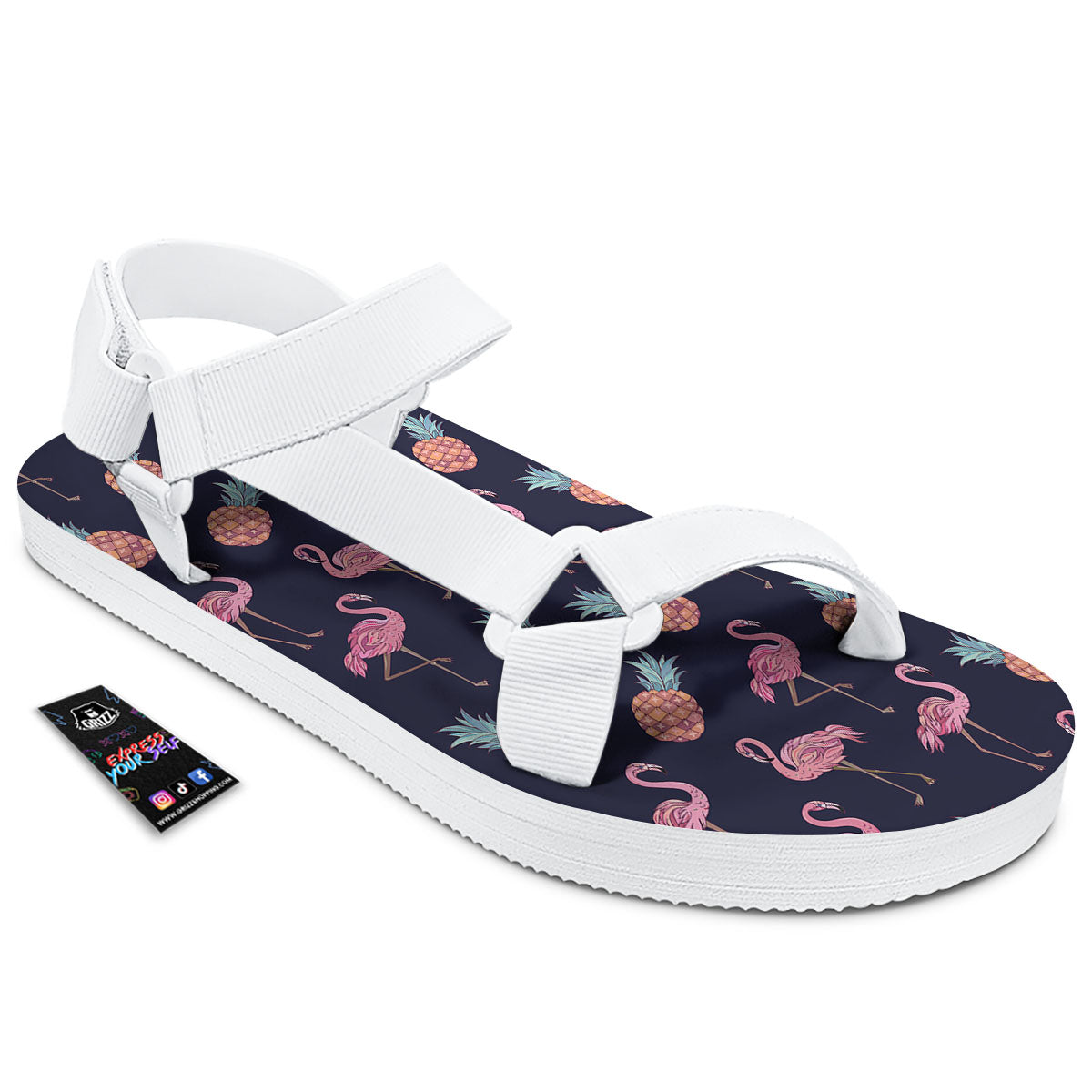 Flamingo And Pineapple Print Pattern White Open Toe Sandals-grizzshop