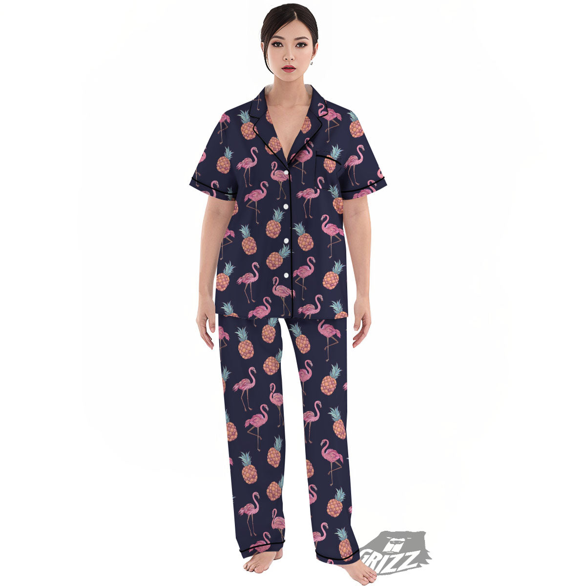 Flamingo And Pineapple Print Pattern Women's Pajamas Set-grizzshop
