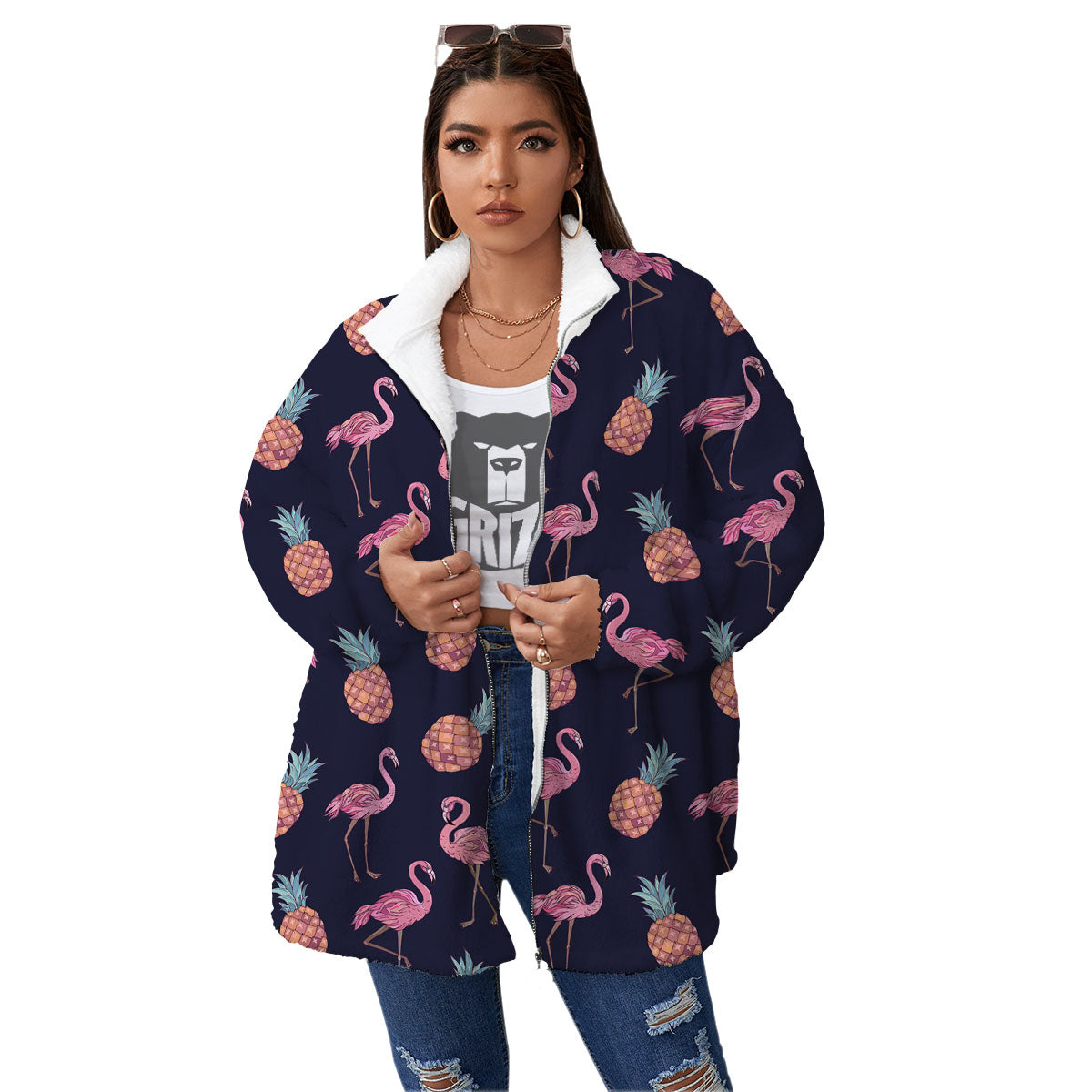 Flamingo And Pineapple Print Pattern Women's Sherpa Jacket-grizzshop